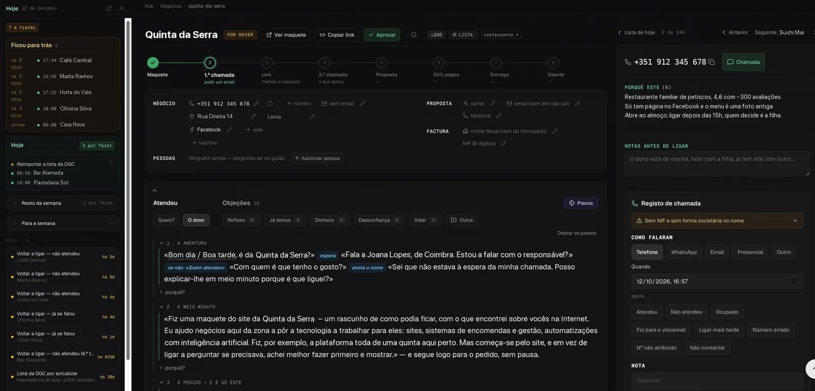 Schermata di chiamata nella piattaforma di gestione: lo script sempre visibile, le obiezioni e il registro di com'è andata