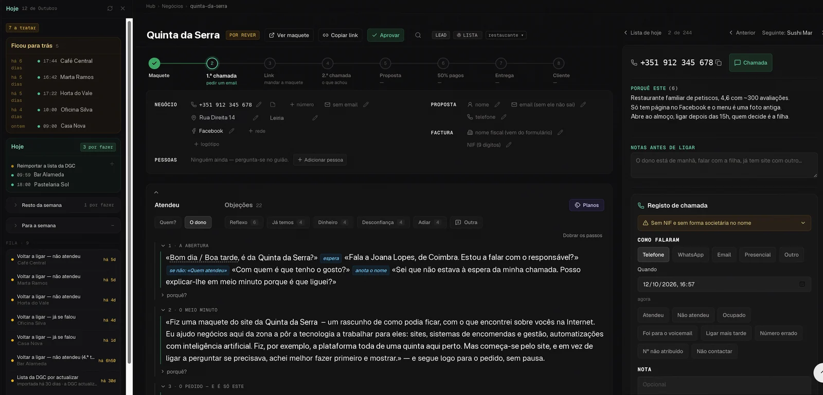 Schermata di chiamata nella piattaforma di gestione: lo script sempre visibile, le obiezioni e il registro di com'è andata